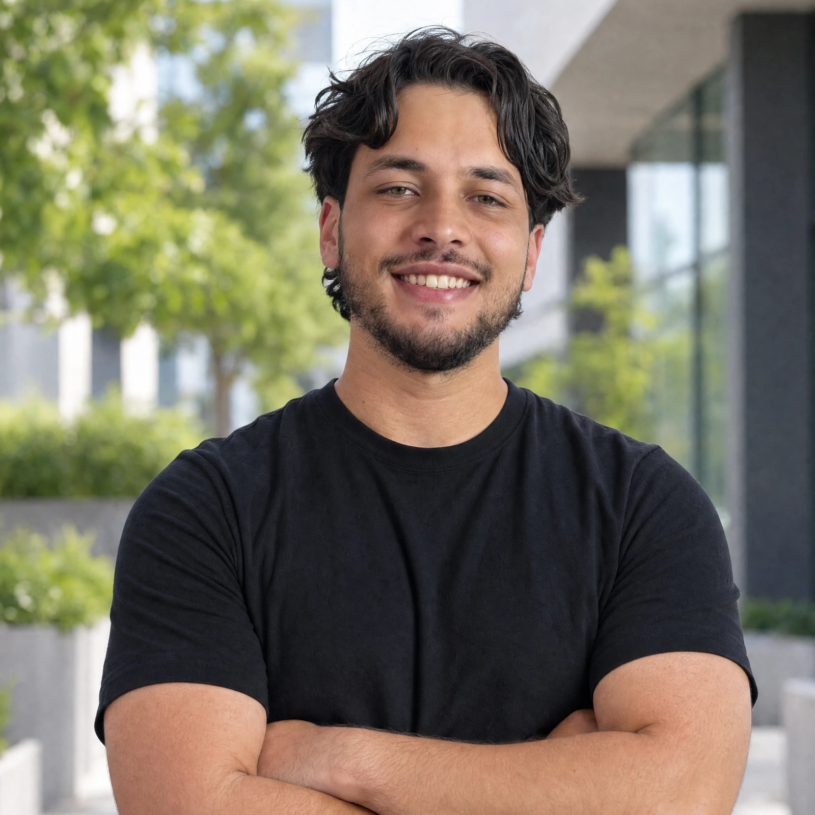 Julian Sousa, founder of ProofIt, arms folded outside an office building